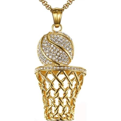 Hip Hop Iced Out Basketball Entering Frame Pendant Necklace Men Gold Color Stainless Steel Sports Necklace Rock Jewelry