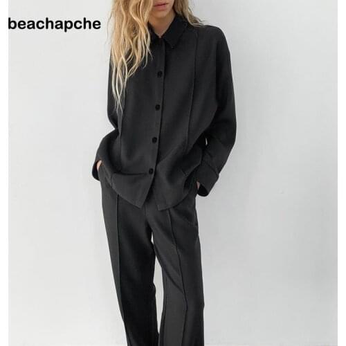 Beachapche Vintage Black Trousers Women Casual High Waist Wide Leg Pants Jersey Pleated Classic Trousers Ladies Zip Spring 2021