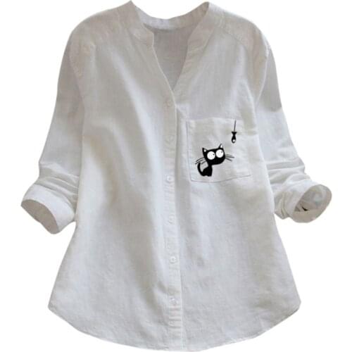 Women Cute Linen Shirt Top Spring Long Sleeve Button Up Shirts Blouse Casual Top Female Womens Shirts Topic