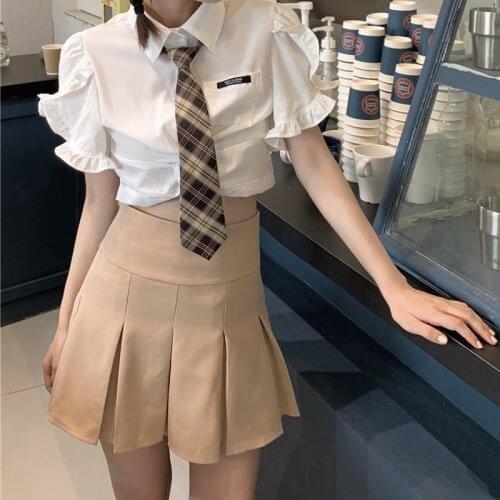 HOUZHOU Vintage Pleated Skirt Women Kawaii High Waist A-line Mini Skirts for Girls Summer Korean Fashion Preppy Style Streetwear