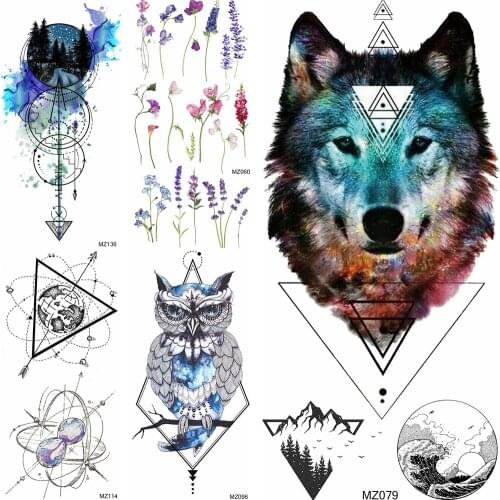 Geometric Fox Temporary Tattoos Sticker For Women Men Body Art Arm Decoration Tattoos 3D Fake Lavender Owl Planets Tattoos Decal