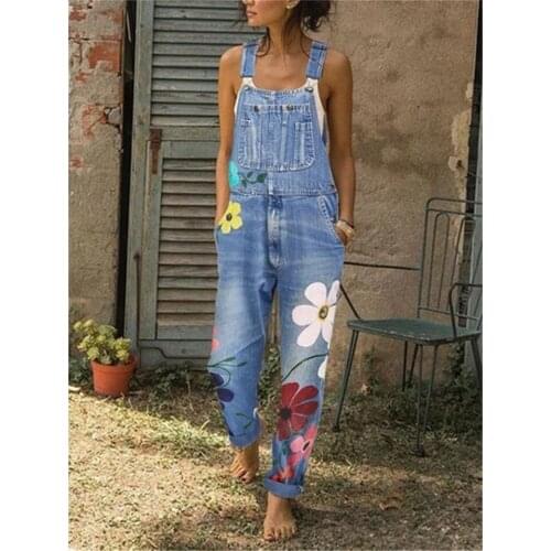 Sleeveless Flower Print Denim Overalls Fashion Women Summer Autumn Casual Loose Jumpsuits Patchwork Design Pockets Decor Sling