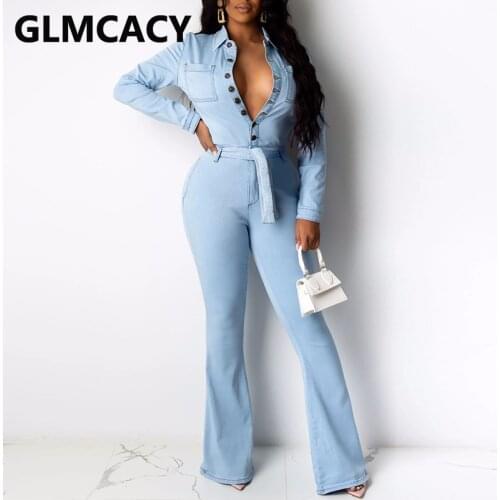 Women Long Sleeve Button Down Jumpsuit Elegant Office Ladies Elegant Slim Denim Jumpsuit