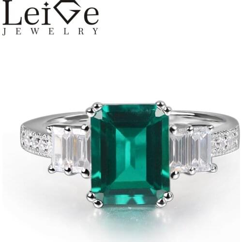 Leige Jewelry Lab Emerald Ring Emerald Cut Prong Setting 925 Sterling Silver for Women Engagement Ring May Birthstone