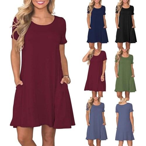S-2XL Women Solid Color Short Sleeve O-Neck Swing T-Shirt Dress with Pockets Loose Mini Dresses Female Plus Size Women Clothing