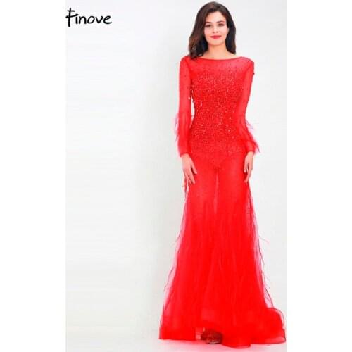 Finove New Arrivals Evening Dress Long Sexy Illusion Tulle Fully Beaded Stunning Feathers Woman Dresses Formal Party Plus Size