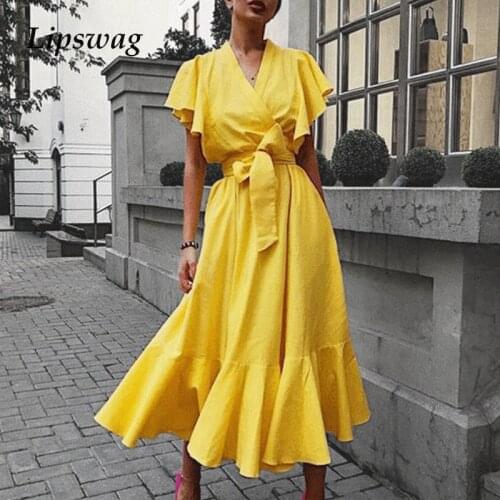 Women Vintage V-neck Ruffle Party Dress Ladies High Waist Lace-up Bow Long Dress 2021 Summer Butterfly Short Sleeve A-Line Dress