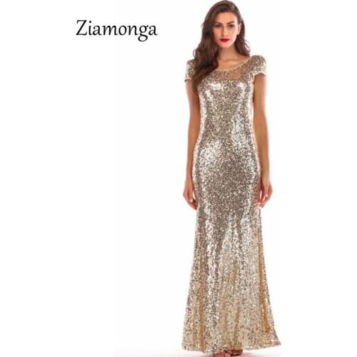 Ziamonga 2019 Summer Backless Bodycon Dress Women O-Neck Long Maxi Party Dresses Elegant Short Sleeve Sequin Mermaid Sexy Dress