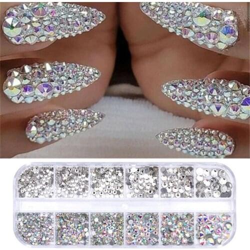3D AB Diamond Gems Nails Nail Glitter Rhinestone Crystal Glass Acrylic Nail Art Decoration 12Box/Set