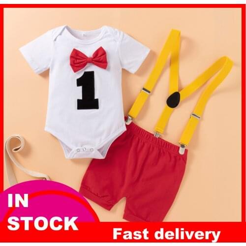 4# Funny First Birthday Baby Boy Clothes Bow Tie Romper Bodysuit Short Sleeve Clothes Outfits Set O-neck Babys Sets Pour Bébés