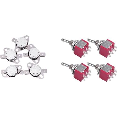 5 Pcs KSD301 Temperature Switch Thermostat & 4 Pcs AC 250V 2A 120V 5A 6 Pin Terminals ON/Off/ON DPDT Toggle Switches