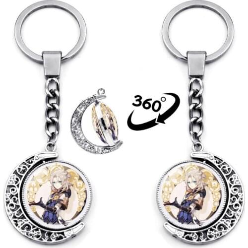 Anime Keychain Game Genshin Impact 360 Degrees Rotating Moon Bag Car Pendant Cosplay Jewelry Genshin Key Chain Metal Key Ring