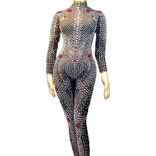 Shining Diamonds Pearls Black Skinny Stretch Women Jumpsuits Nightclub Singer Dance Costume Evening Birthday Celebrate Show Wear
