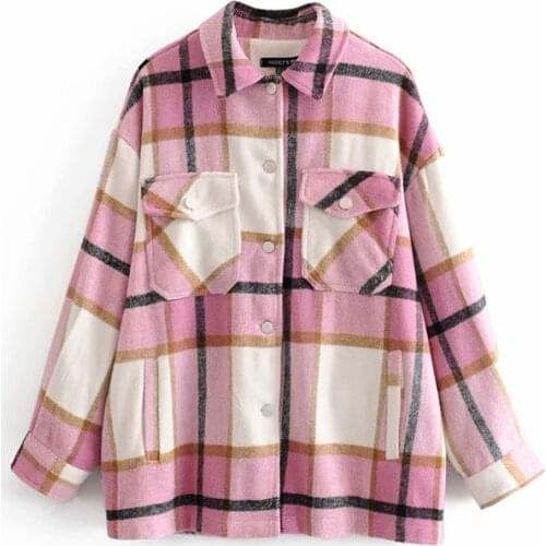 Stylish Sweet Pink Plaid Woolen Blouse Cute Girls Fashion Autumn Chic Pockets Thick Warm Turn-Down Collar Shirts