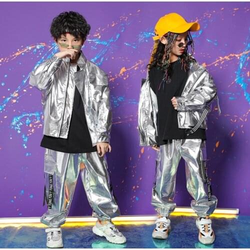 Kids Hip Hop Clothing Shiny Silver jacket Tops Camouflage Casual Pants for Girls Boys Ballroom Jazz Dance Clothes Costume Wear