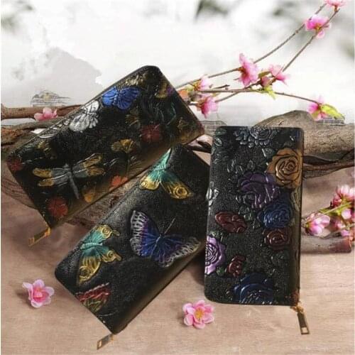 Women Long Wallet Retro Leather 3D Embossing Rose Dragonfly Butterfly Clutch Women Bag Large Capability Zipper Luxury Hangbags