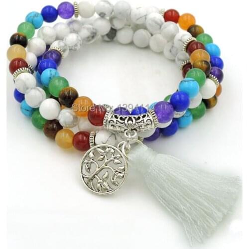Tree Life 6mm White Howlite And 7 Chakra Balance Combination 108 Beads Beaded Bracelet Necklace
