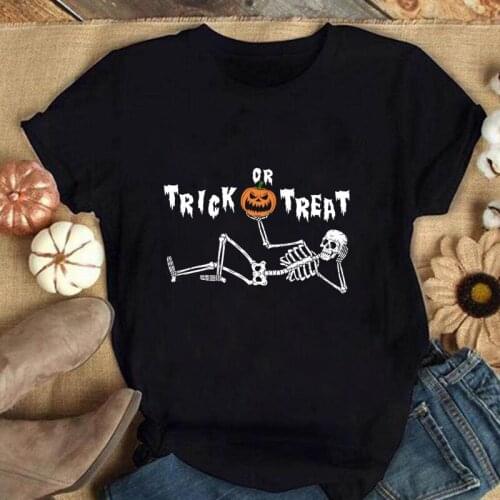 Colored Trick Or Treat Skeleton T-shirt Spooky Women Halloween Gothic Tshirt Funny Lazy Bone Goth Top Tee Shirt