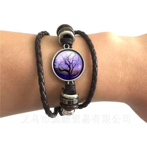 Hot Sale Trendy Tree of Life Glass Cabochon Bracelet For Men Women Children Black/Brown Leather Bangles Jewelry Gift