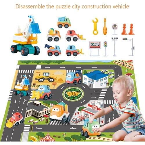 Construction Truck Toys with Play Mat Pull Back Cars Excavator Toys with Road Signs Engineering Truck Vehicles Mini Models Set
