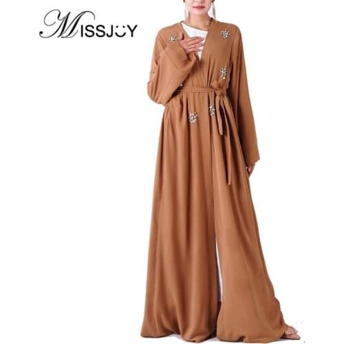 MISSJOY 2019 Cardigan Turkish Fashion Muslim Dresses Women Kimono Abaya Diamond Kaftan Islamic Clothing Female Robe Casual New