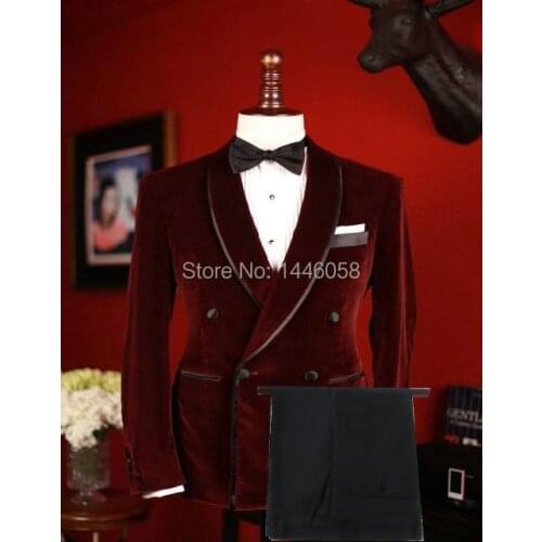 Handsome Burgundy Velvet Men Suit Formal Groom Suit Custom Made Fashion Tuxedo Blazer Shawl Collar Double Breasted Wedding Suit