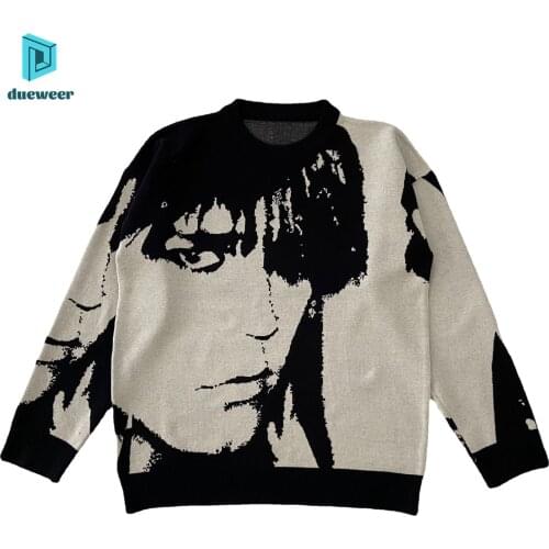Dueweer Harajuku Handsome Pullover Sweaters Oversized Japanese Anime Cartoon Men Women Print Long Sleeve Knitted Sweater Tops