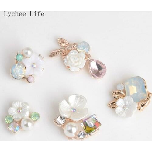 Lychee Life 10Pcs/lot Shell Flower Rhinestone Buttons Flatback Plating Pear Decorative Embellishment Home Decoration Accessories