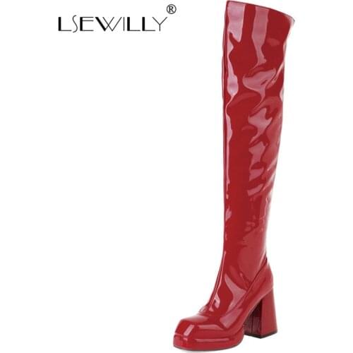 Lsewilly Women‘s High Heel Boots Patent Leather Over the Knee Boots Women White Red Party Fetish Boots Winter Warm Lady Shoes