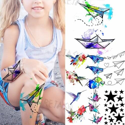 Small Watercolor Ship Airplane Temporary Tattoos For Kids Women Hummingbird Stars Fake Tattoo Arm Thigh Body Art Washable Tatoos