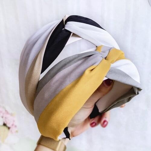 Fashion Patchwork Hairband For Woman Wide Side Knotted Headband Bezel Hair Accessories Striped Turban Headwear Spring Summer
