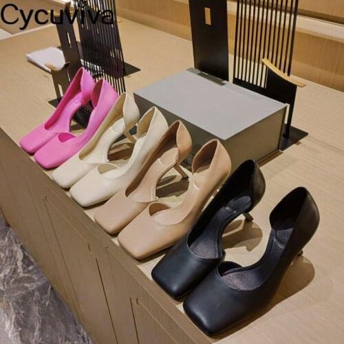 Solid Real Leather High Heel Shoes For Women Slip On Square Toe Mules Women Slippers Casual Party Sandals Wedding Slides Female