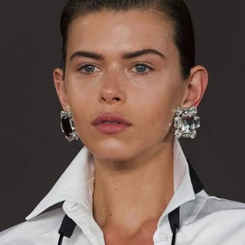 StoneFans New Square Clip Earrings no Hole Wedding Jewelry Women Large Clear Crystal Rhinestone Clip on Earrings Ear Women