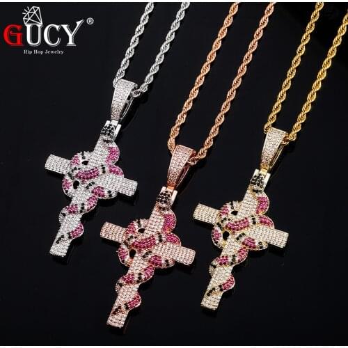GUCY Snake Winding Cross Pendant Necklace Iced Out Cubic Zirconia Pendant Hip Hop Jewelry For Man Gifts