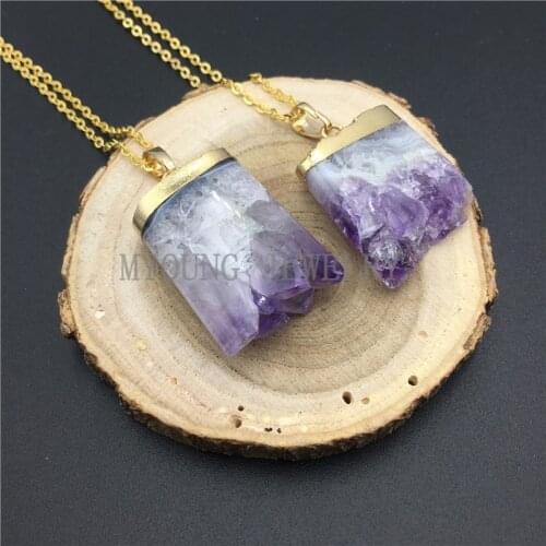 MY0873 Purple Crystal Quartz Stalactite Slice Necklace,Amethysts Druzy Gold Electroplated Pendant Gold Chain Necklace