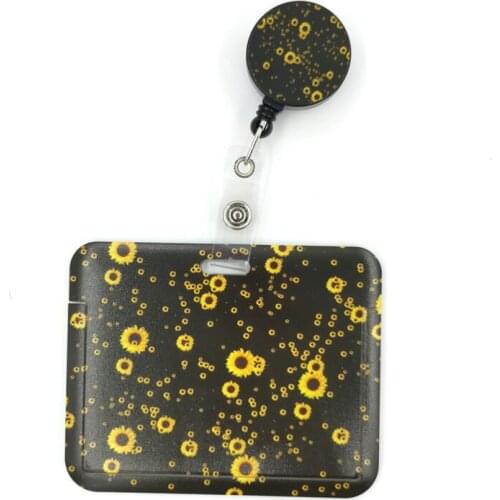 Sunflowers Flowers Black Fashion Women Card Holder Lanyard Colorful Retractable Badge Reel Nurse Doctor Students Exhibition