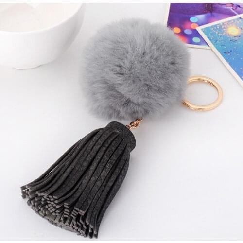 Fluffy Rabbit Fur Pom Pom Keychain Bunny Fur Ball Key Chain Leather Tassel Llavero Pompon Keyring Porte Clef Charm Bag Pendant