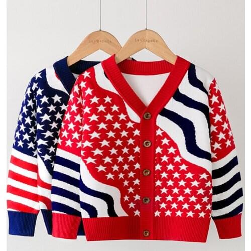 Qunq Kids Knitted Cardigan 2021 New V-neck Spring Fall Girls Sweater Star Striped Pattern Toddler Boys Coat Tops Clothes