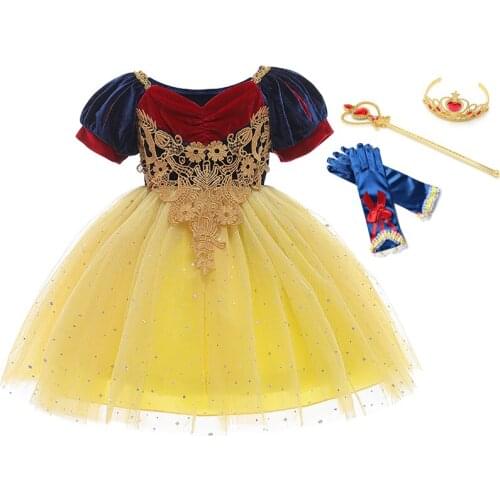 VOGUEON Puff Sleeve Luxury Snow White Princess Dress Girls Lace Sequins Velvet Costume for Kids Halloween Cosplay Vestido Tutu