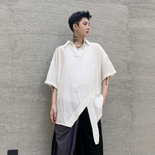 Men Irregular shirt ruffles hem Short sleeve Summer short sleeve Gothic DJ Stage clothing Black White Linen