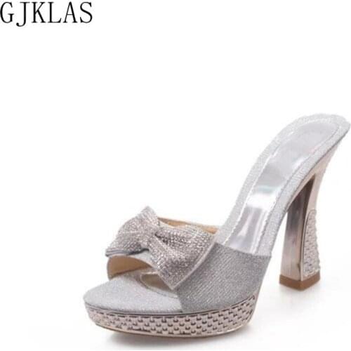 Platform Sandals Summer Shoes High Heels Bow Sliders Shoes Women Sexy Sliver Gold Heels Wedding Party Sandals Ladies Shoes Heels
