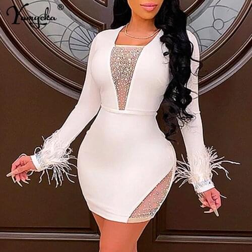 Sexy White see through feather Rhinestone mini summer bandage dress evening party dresses for women 2021 nightclub bodycon dress