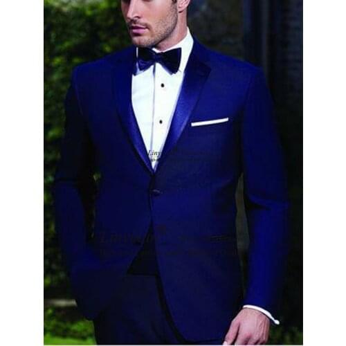 High Quality Two Buttons Royal Blue Groom Tuxedos Notch Lapel Groomsmen Best Man Wedding Prom Dinner Suits (Jacket+Pants+Bow Tie