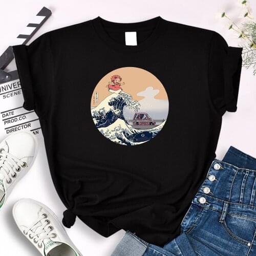 WomenS Short Sleeve Anime Ponyo On The Cliff Cartoon Printed Tees Women Oversize Soft Fitted Clothes Kawaii Round Neck T-Shirt