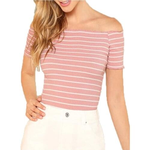 Women Shirts Boat Neck Knitted T-shirt Short Sleeve Top 2019 Summer Lady Solid Off Shoulder Style Knitting Striped Tshirt