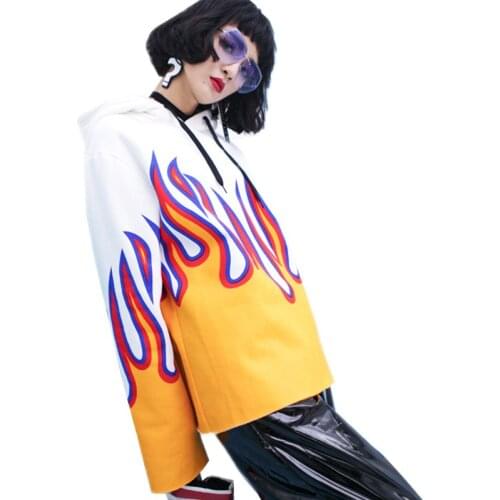 Female Autumn Flocking Long Sleeve Hoodies Ladies Harajuku Fashion Letter Flame Print Sweatshirts Street Style Oversize Tops Z74