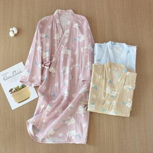 Women Kimonos Bathrobe Summer Cotton Gauze Robes Long Sleeve Print Robe Cherry Blossoms Sleep Tops Casual Loose Sleepwear