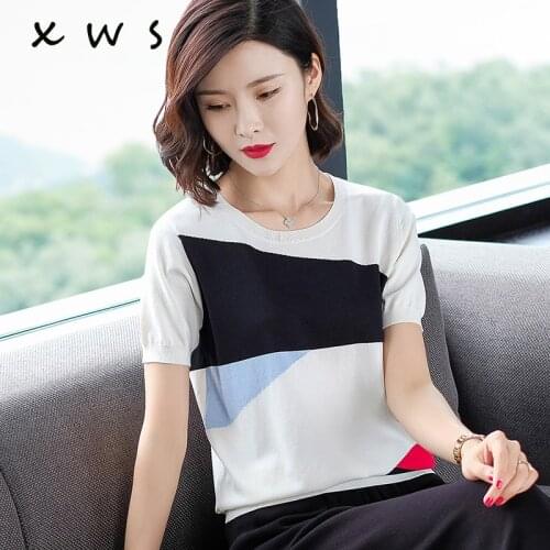 Summer Contrast Color Women Sweater Casual short Sleeve thin Pullovers Women O-Neck Knitted Tops Women Jumper Femme Soft