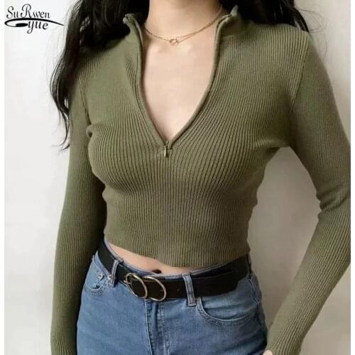 Solid Basic Cropped Pullover Elegant High Neck Zipper Front Knitted Sweater Women 2021 Autumn Winter Fashion Clothing Top 17016