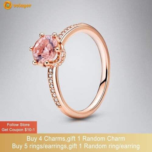 Volayer 925 Sterling Silver Ring Pink Sparkling Crown Solitaire Ring Original 925 Silver Women Rings Engagement rings Girl Gift